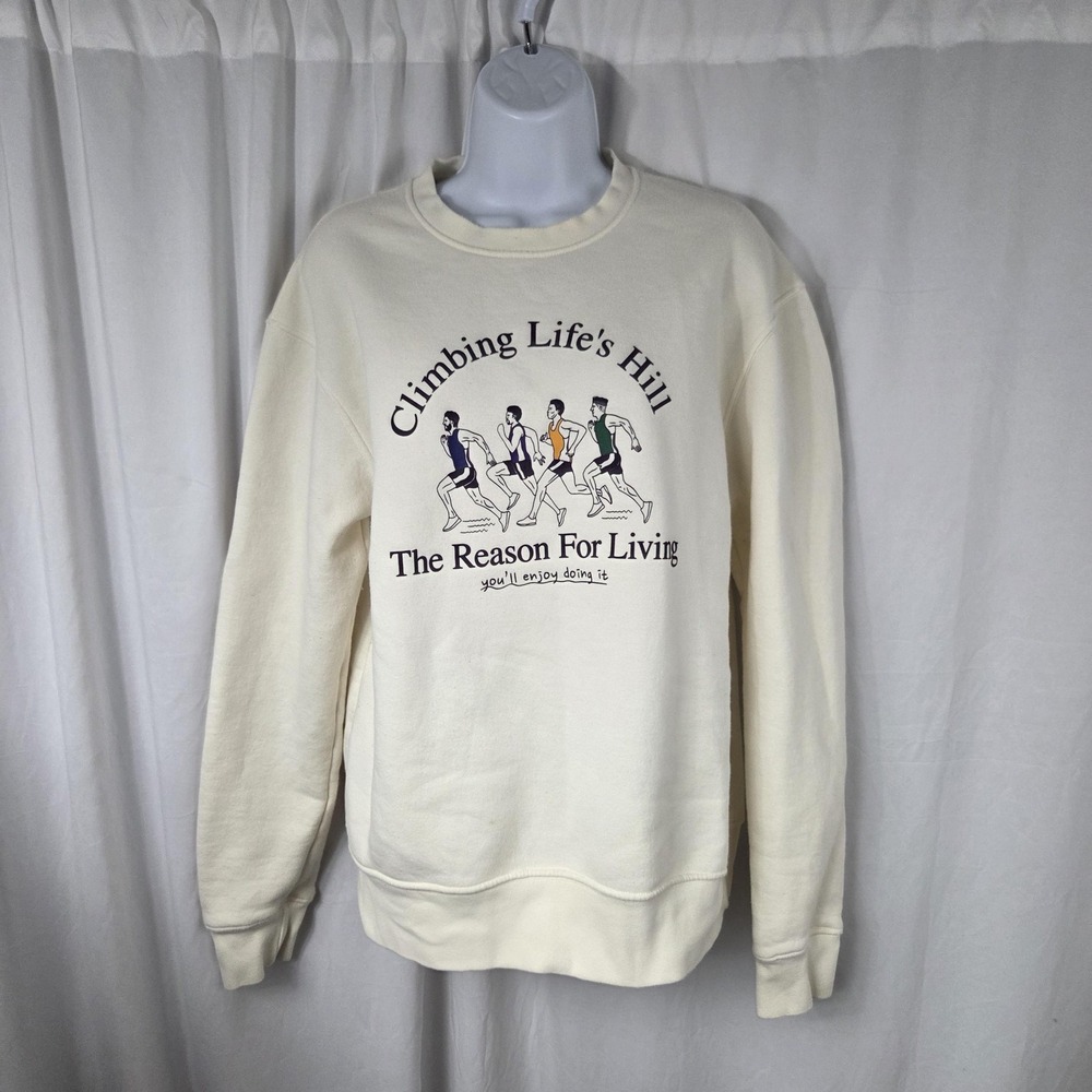 ZARA Sweatshirt Womens Small White Climbing Life's Hill Running Graphic Fleece